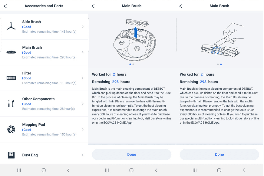 Informationen über die Wartung der einzelnen Komponenten des Ecovacs Deebot X1 OMNI werden in der App dargestellt